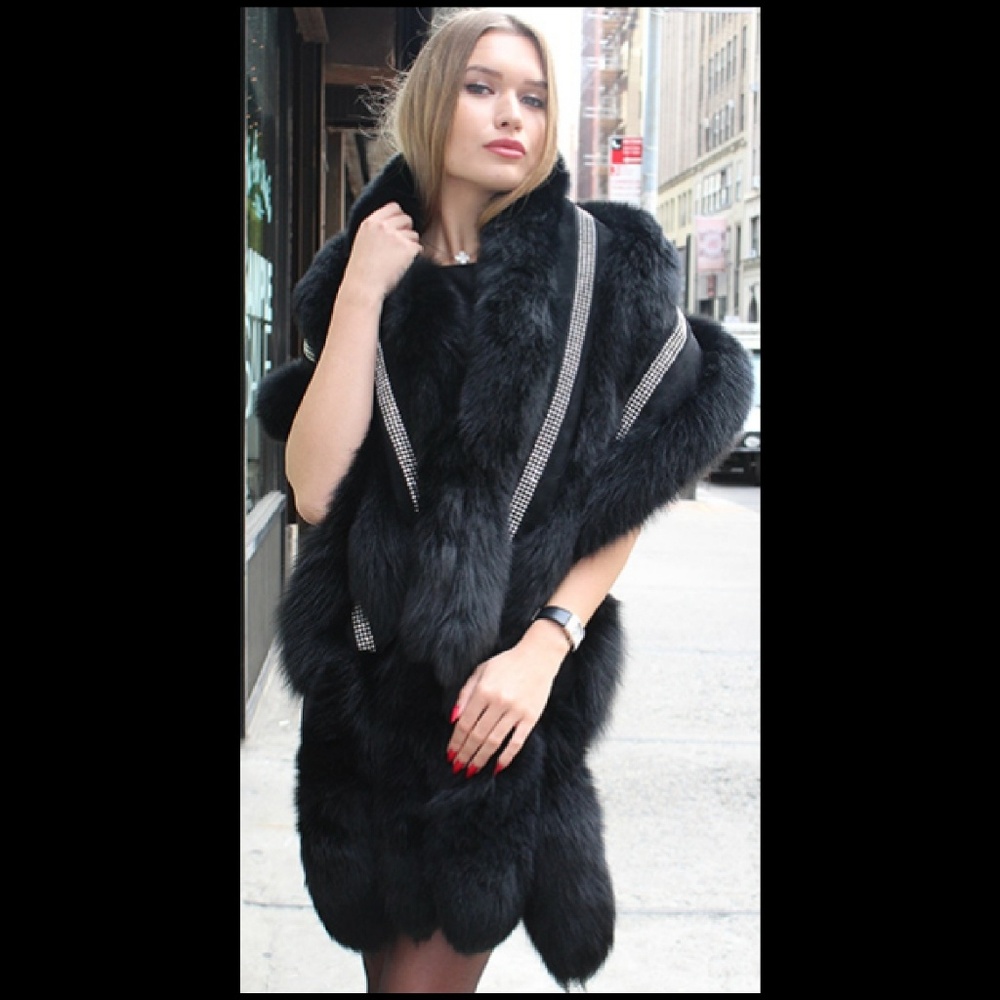 Black Fox Fur Stole Rhinestones Tails